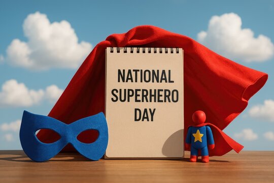 National Superhero Day celebration with mask, cape, and toy figure on table - Powered by Adobe