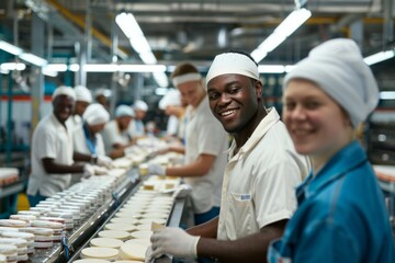 smiling group of factory workers packaging product at an assembly line in a factory
