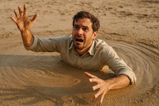Man sinking in quicksand, showing fear and panic