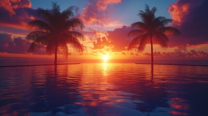 Sunset tropical palm trees ocean