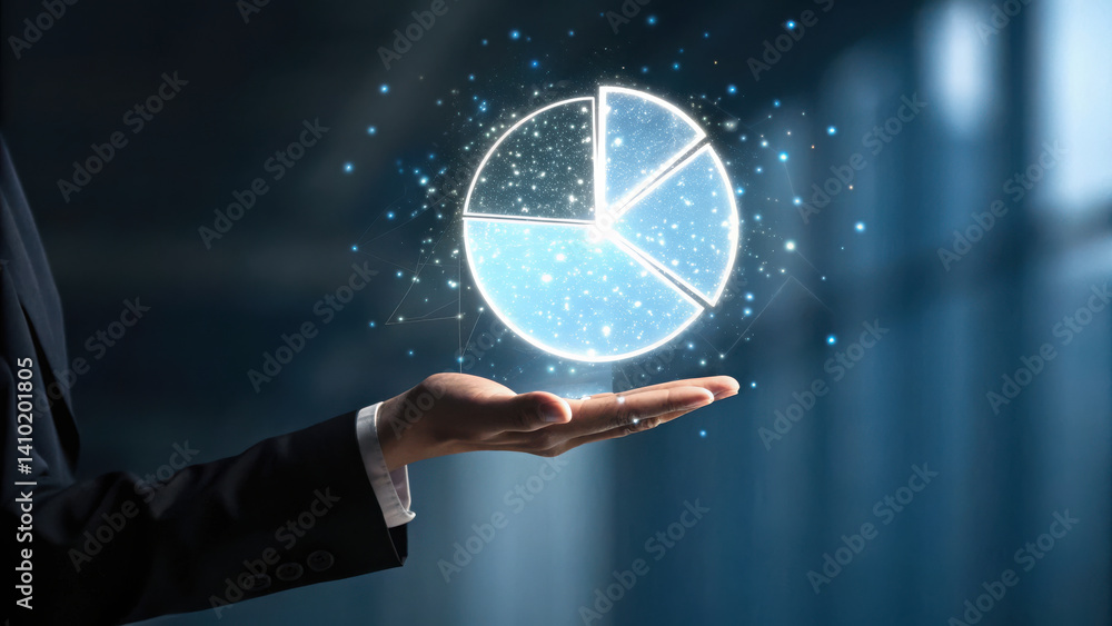 Aufkleber business professional holds glowing pie chart symbolizing data analysis and growth in modern setting