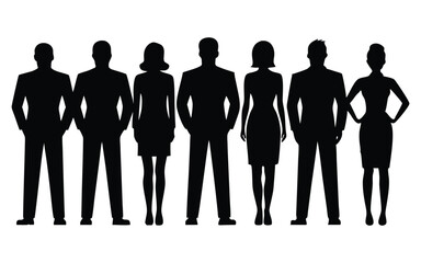 Vector silhouettes of men and a women, a group of standing business people, black color isolated on white background