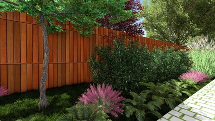3d image of the landscape design of the home territory. Landscaping of the territory. Computer visualization of composite landscaping and landscaping solutions.	
