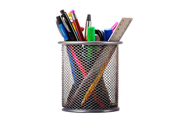 metal pencil holder with school supplies isolated on white background PNG. GENERATIVE AI