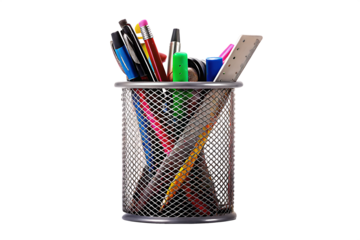 metal pencil holder with school supplies isolated on white background PNG. GENERATIVE AI