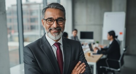 Fototapeta premium Confident Business Leader Portrait - A smiling mature businessman with arms crossed, standing in a modern office with colleagues in the background