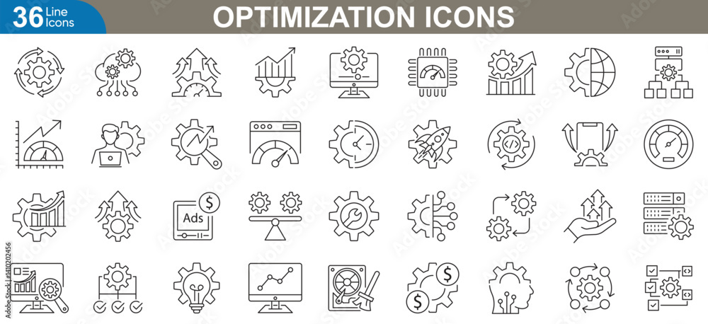 Poster optimization icons set. performance boost, system tuning, speed enhancement, seo, cpu and ram optimi