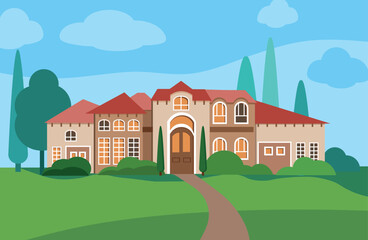A large country house. Front view. Vector illustration in the flat style