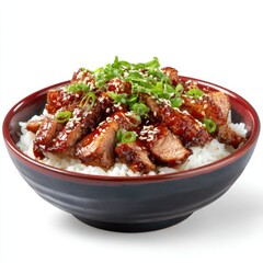 Teriyaki steak rice bowl close up on white background