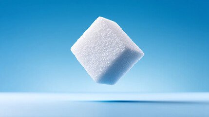 sugar cube floats in mid air against blue background, casting 3D shadow on surface below, creating surreal and minimalist visual effect