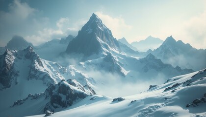 Obraz premium Snow-covered granite peaks glow turquoise with glacial reflections, creating a serene, isolated mountain scene.