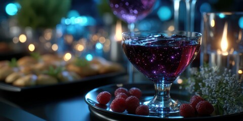 Elegant cocktail presentation with cosmic theme and delicious snacks at a glamorous evening event