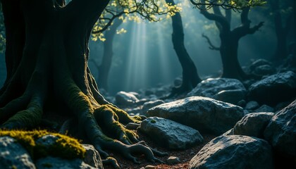 Obraz premium Ancient oak roots embrace granite rocks, glowing moss thrives in the twilight of a mysterious forest.