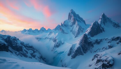 Obraz premium Majestic snow-covered granite peaks under a swirling blizzard at twilight, showcasing icy crevices and colorful sky.