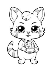 Kawaii cute kitten eating donut coloring page for kids with big eyes