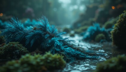 Obraz premium Iridescent peacock feathers swirl amidst rain, revealing mossy stone; teal, green, blue, violet, gold hues.