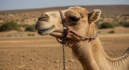 Obraz premium Desert Camel's Serene Gaze - A dromedary camel, calmly gazing, exhibits resilience and adaptability in arid landscapes. It symbolizes desert life, endurance, strength, peace and journey