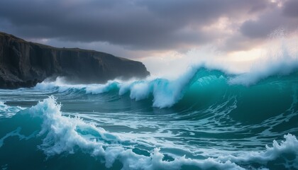 Fototapeta premium Turquoise waves crash on dark cliffs beneath a stormy lavender and indigo sky.