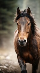 Obraz premium Majestic brown horse galloping through the forest in soft morning light