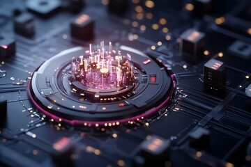 Digital financial hub where entrepreneurs align business KPIs with AI projections, smart strategy setup, 3D illustration