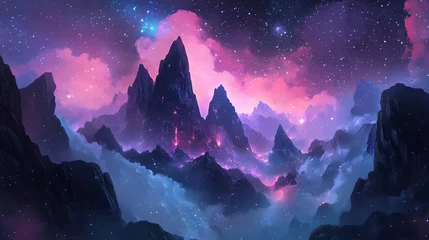 Gordijnen Dramatic Mountain Peaks Pierce a Vibrant Nebula Sky Landscape Art © mh