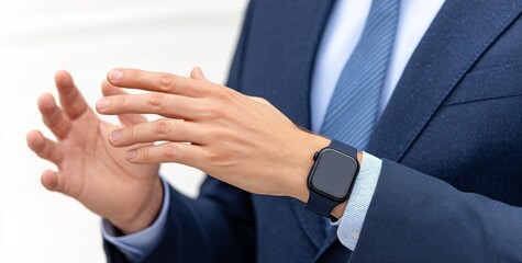 Obraz premium Close-Up of Hands of an American Businessman in a Suit Adjusting His Watch with Care