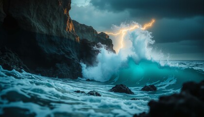 Fototapeta premium Turquoise waves crash against dark cliffs under a stormy sky; lightning illuminates the powerful ocean.