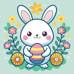 Cute cartoon easter bunny with colorful easter eggs on spring grass with flowers, a happy holiday illustration
