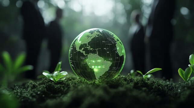 Clevel team exploring sustainability strategy with holographic earth and data points, green tech focus, 3D illustration