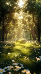 Obraz premium Tranquil Forest Walkway with Sunlight Glowing Through Tall Trees