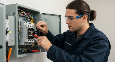 Electrician Working on Electrical Panel - A male electrician carefully works on an electrical panel, showcasing expertise and precision