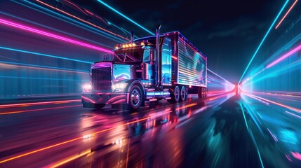 A truck with neon lights on it is driving down a road at night