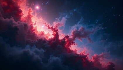 Naklejka premium Swirling nebula dust forms a phoenix-like shape in shades of crimson, magenta, indigo, and blue.