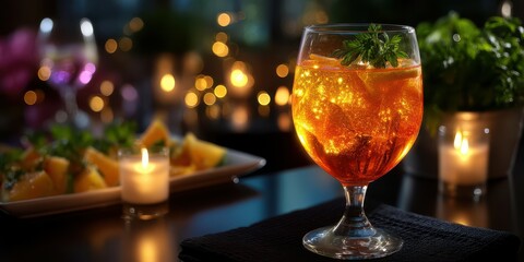 Elegant cocktail served with garnishes on a table adorned with candles in a softly lit setting at night