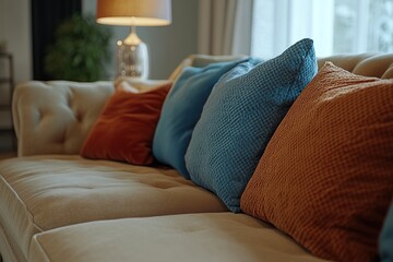 Sofa with different-colored cushions, beige and brown sofa, home interior design of a modern living room,