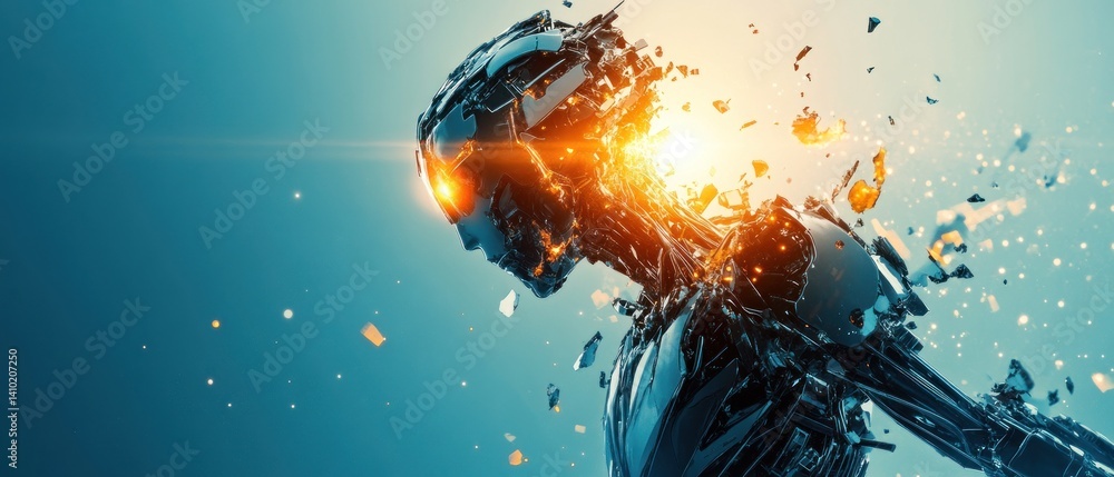 Poster futuristic robot head with glowing elements in motion
