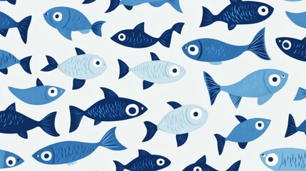 Seamless pattern with cute blue fish swimming on a light blue background, ideal for children's products and textiles