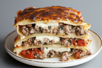 Lasagna fresh basil pasta sheets Delicious lasagna layered with meat and cheese on a plate.