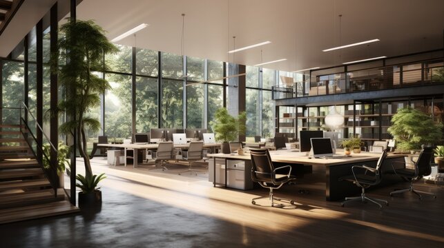 Luxury large new office workplace interior design with wooden floor. Generate AI