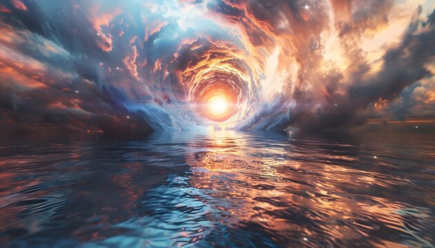 A mystical portal appearing in the middle of a quiet lake, rippling energy distorting the reflection of the stars, cinematic otherworldly passage