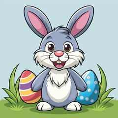 Cute cartoon bunny with pink ears and colorful Easter eggs for a happy spring holiday illustration