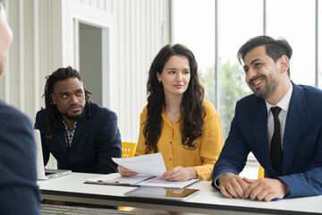 Business people, teamwork, team collaboration in meeting, planning, idea strategy, interview of work at office. Business team with documents, paperwork, group of employees in discussion at conference