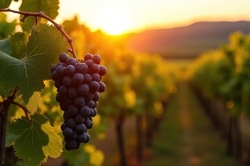 Fototapeta premium Harvesting grapes at sunset in a vineyard nature photography serene landscape wine culture