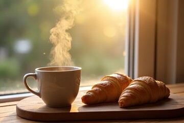 Enjoying coffee and croissants at home morning delight food photography cozy kitchen warm atmosphere