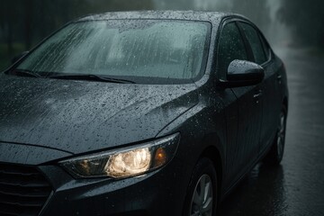 Obraz premium Dark grey car with headlights on, driving in heavy rain