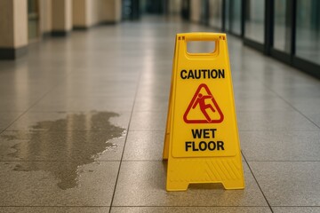Yellow caution wet floor sign placed in hallway with water spill near it