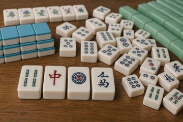Mahjong game set with tiles on wooden table
