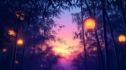 幻想的な灯籠が灯る竹林の夕景