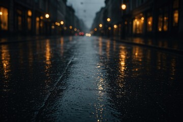 Fototapeta premium Wet, quiet city street at night, reflecting lights