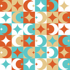 ector Seamless Abstract Geometric Pattern with Moon, Stars and Squares. Golden Red Turquoise White Colors